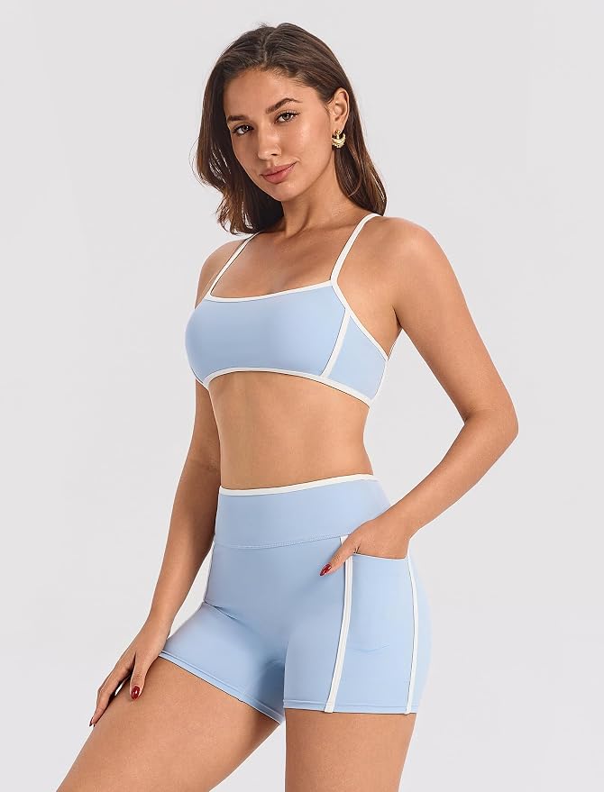 ABOCIW Workout Sets for Women 2 Piece Color Block Strappy Sports Bra High Waist Shorts Gym Yoga Pilates Outfits