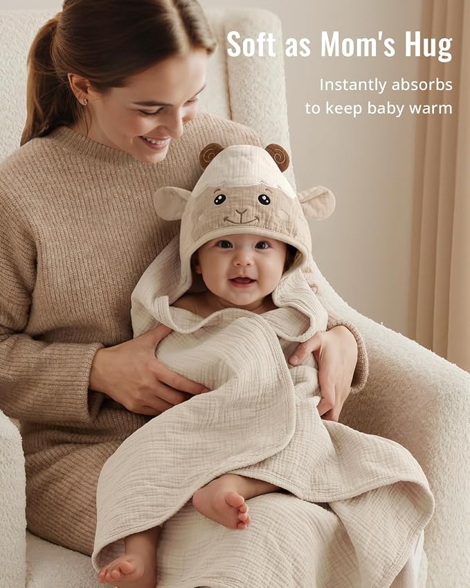Blissful Diary Muslin Baby Hooded Towel 1 Pack, Soft & Absorbent Bath Towel for Infant, Toddler, Unisex, Baby Gift, Newborn Essentials, Gentle Lamb