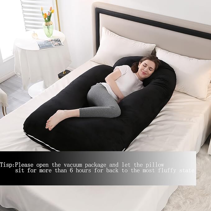Jcickt Pregnancy Pillow for Sleeping,59 inch Maternity Pillow with Removable Washable Cover,J-Shaped Velvet Full Body Pregnant Pillow -Support for Backs,Legs, Belly, HIPS, Improve Sleep-Black