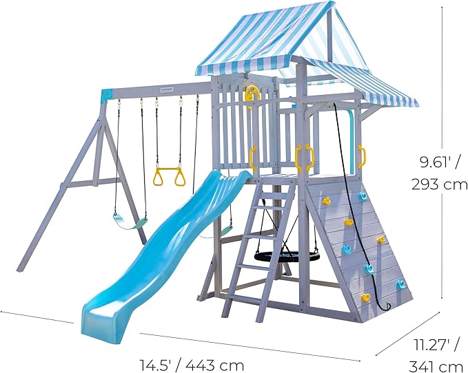 Teamson Kids Laguna Outdoor Wooden Swing Set with Slide, Rock Climbing Wall, Fireman Pole & Trapeze Bar, Gray & Aqua, Backyard Playset for Toddlers and Kids Ages 3–10