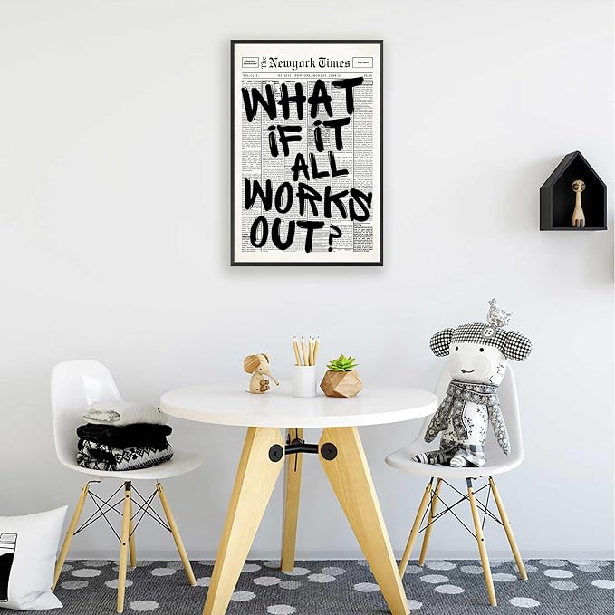 Retro Black And White Newspaper Poster What If It All Works Out Canvas Wall Art Positive Affirming Quote Minimalist Prints Painting For Home Bedroom Dorm Wall Decor 24x36in Framed