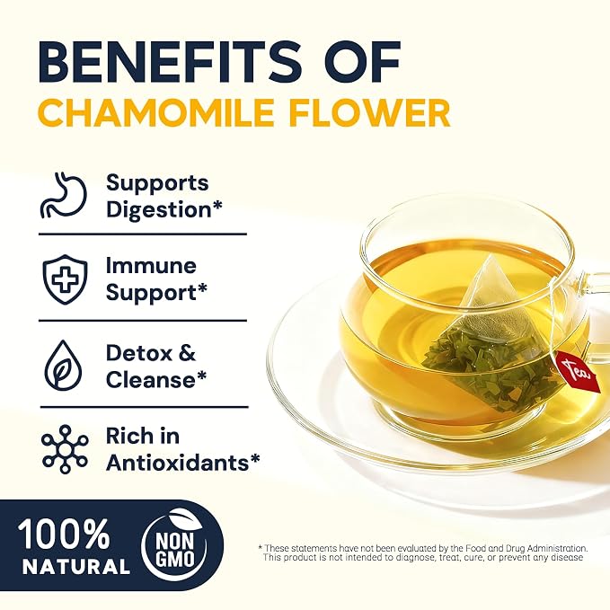 Chamomile Tea Bags 100 Count, Chamomile Flower Herbal Tea with Sugar-Free, Caffeine-Free