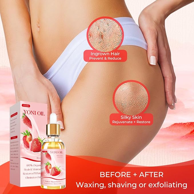 BASSI 3PCS Yoni Oil Organic Feminine Oil Vaginal Moisturizer - Ph Balance for Women - Eliminates Odor Feminine Deodorant - Soothes Ingrown Hair with Strawberry Peach Apple Essential Oil, 1 fl oz/pc