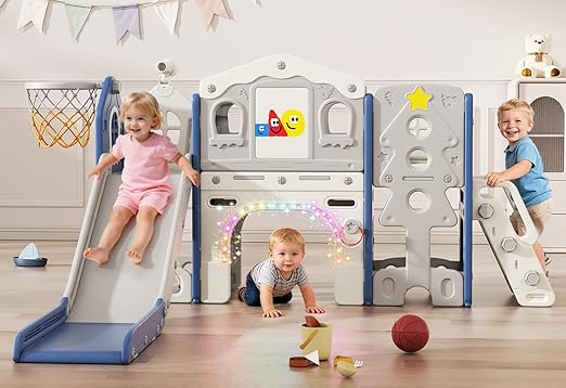 BIERUM 10 in 1 Toddler Slide Set - Baby Slide for Toddlers 1-3 with Colorful Lights, Drawing Board and Building Blocks Board, Indoor Outdoor Toddler Playset Playground, Blue Gray