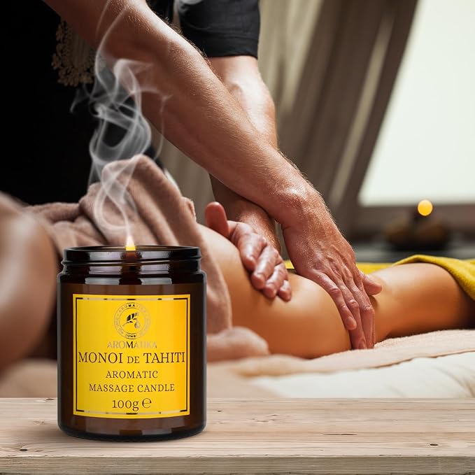 Scented Massage Candle Monoi de Tahiti - Soy Wax Candle 3.5Oz - Relaxing Massage Candle - Blend of Coconut & Almond & Monoi de Tahiti Oils - Vanilla Oleoresin - Skin Care - Beauty - Aromatherapy