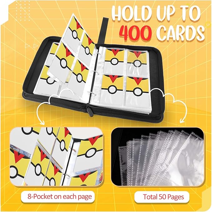 Card Binder 4 Pocket, Trading Card Holder Fits 400 Cards With 50 Removable Sleeves, Portable Collection Card Ablum, Game Card Case book With Zipper for Gift Yellow