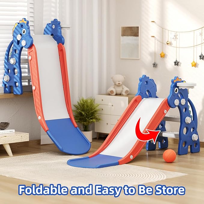 GLAF Toddler Slide Indoor for Toddlers 1-3 Baby Slide Outdoor Playset with Basketball Hoop and Ball Plastic Foldable Slides for Kids Backyard Climber Set (Blue)