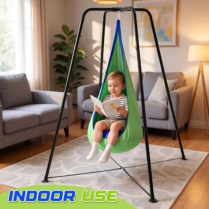 Sensory Swing Stand Frame with Pod Chair and Swings Set Kid Heavy Duty Metal Swing Stands Autism Hammock Chair Stand Tree Saucer Round for Kid Adult Indoor Outdoor Backyard Park(Grass Green)