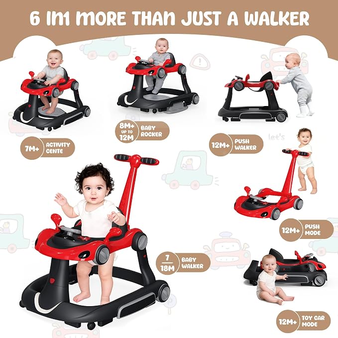 6 in 1 Foldable Baby Walker, Activity Baby Walker-Baby Bouncer, Rocker, Activity Center,Push Walker,Detachable Trampoline Mat, Adjustable Speed Rear Wheels and Height,Music & Lights,Ages 6-18 Months