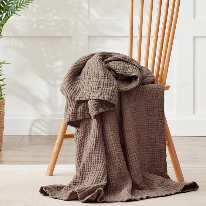 100% Cotton Muslin Blanket Queen 90" x 90", Breathable and Lightweight Cotton Throw Blankets for Bed, Soft Cooling Summer Gauze Blanket for Adults All Season, Tan
