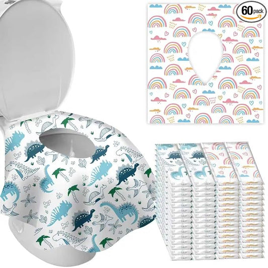 DEEKI 60 Pack Toilet Seat Covers Disposable, Safe No-Slip Waterproof for Kids Toddlers Use in Potty Training Public Restrooms Toilets, Portable Clean Covers for Adults Travel -Rainbow (60 P)