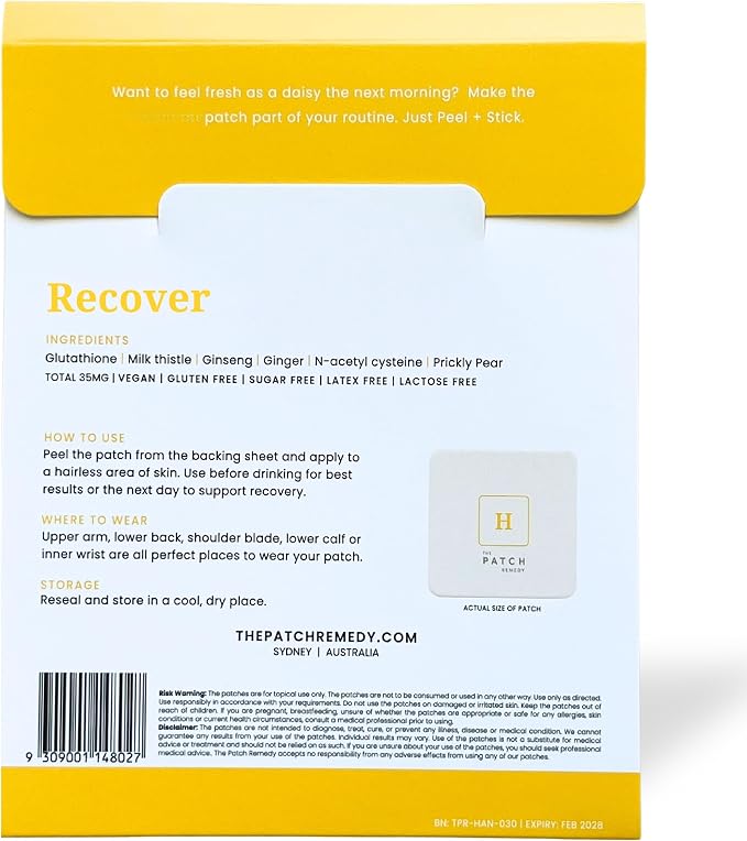 The Patch Remedy Recover Patch | Glutathione, Milk Thistle, NAC, Ginger, Ginseng & Prickly Pear | 30 Patches