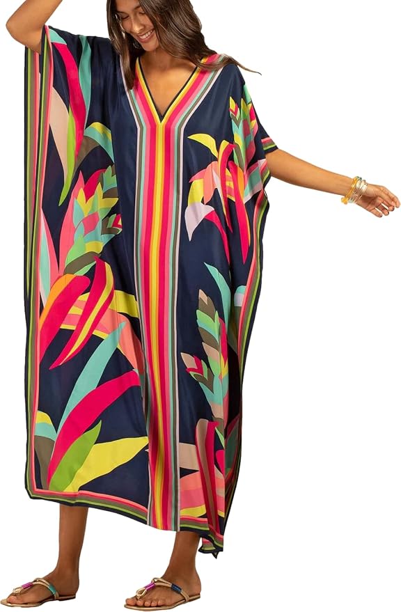 Venasha Womens Caftan Floral Print Kaftan Dress Short Sleeve Swimsuit Cover up Loungewear for Summer