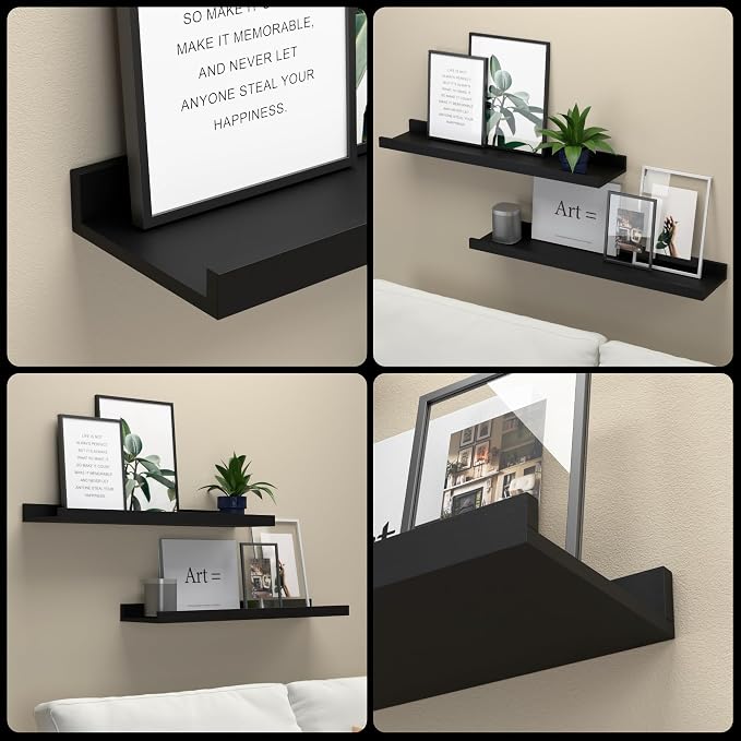 Boswillon Floating Shelves Set of 2, Long Wall Shelf with Lip, 24in, Black | Display Ledge Shelf for Room Wall, Wall Decor Shelves for Bathroom, Living Room, Bedroom, Kitchen, Nursery Room, Modern, Wood
