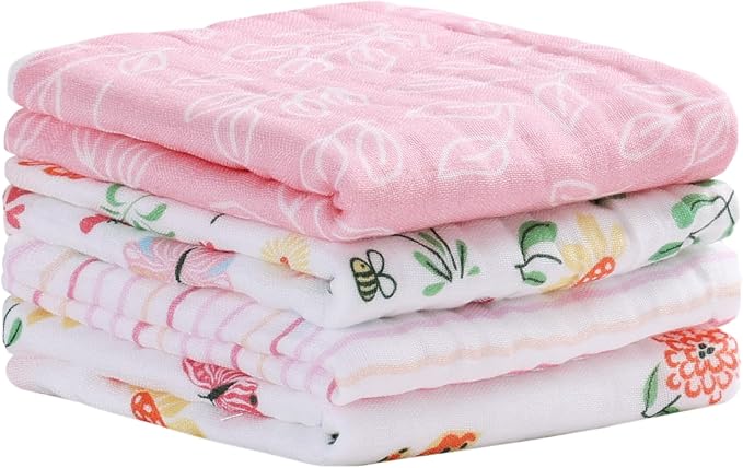 Viviland Baby Muslin Burp Cloths, Super Absorbent Washcloths for Baby Girl and Boy, 10 x 20 inches 6-Layer Baby Bath Towels, Flowers & Butterflies 4 Pack