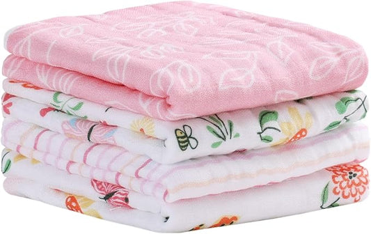 Viviland Baby Muslin Burp Cloths, Super Absorbent Washcloths for Baby Girl and Boy, 10 x 20 inches 6-Layer Baby Bath Towels, Flowers & Butterflies 4 Pack