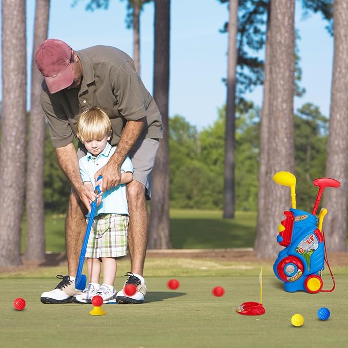 Toddler Golf Set for Boys Girls 2 3 4 5 Years Old, Upgraded Kids Golf Cart with 3 Clubs & 8 Balls, Outdoor Indoor Sports Toys Birthday Gift, Blue