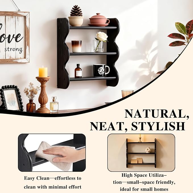 100% Solid Wood Floating Shelf, Vintage Wall Shelves Wall Mounted Storage Rack 3-Tier, Farmhouse Decor Hanging Shelf Display Shelves for Apartment, Living Room and Bedroom