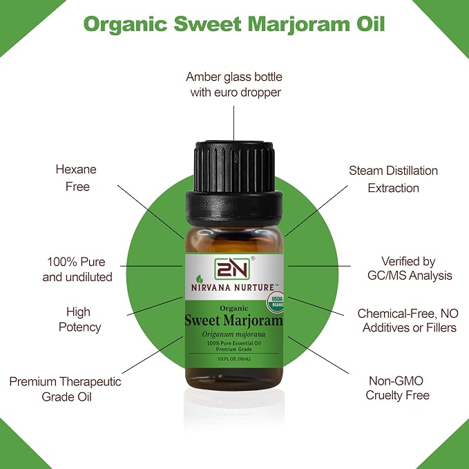 Sweet Marjoram Essential Oil, USDA Certified Organic, 100% Pure Undiluted, Aromatherapy Oil for Diffuser, Hair & Skin Care