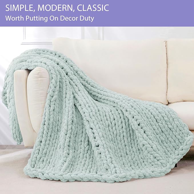 Bigacogo Chunky Knit Throw Blanket for Couch, 40x40 inches, Mint | Hand Knit with Jumbo Chenille, Soft Breathable Cable Knit for Sofa Bed Living Room, Machine Washable, Gift for Mom Friend