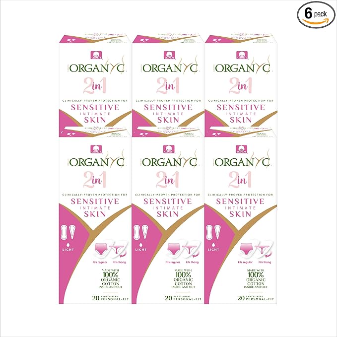 Organyc 100% Certified Organic Cotton Inside and Out 2 in 1 Panty Liners for Women Fits Thong or Regular Underwear, Light Flow, 20 Count, 6 Packs (6)