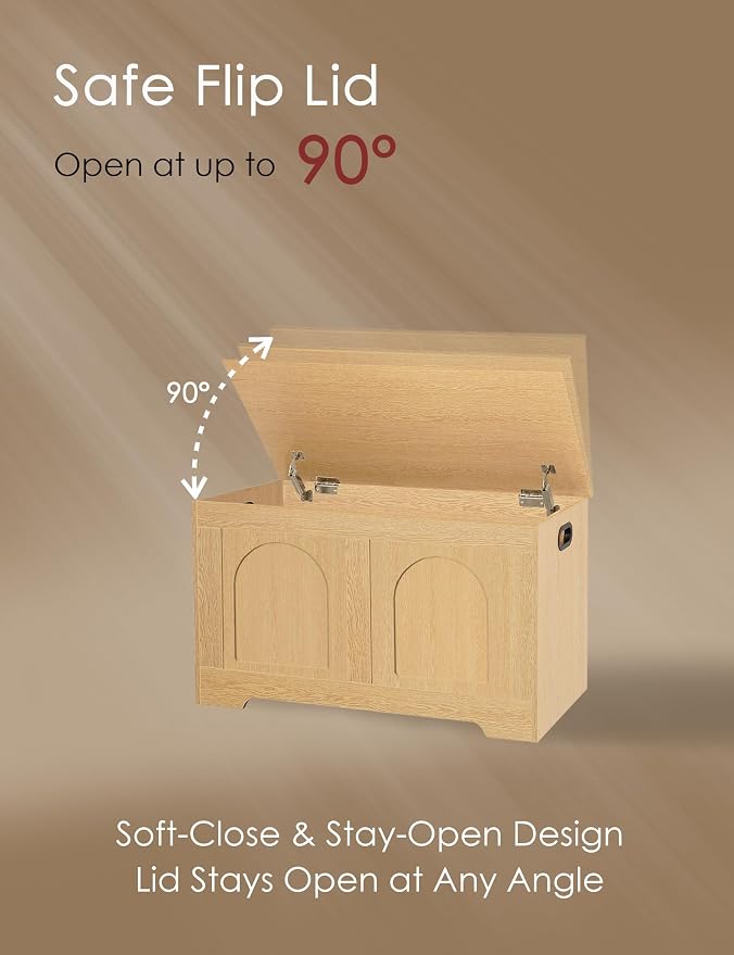 Storage Chest, Wooden Toy Box, Natural 31.5" L | Entryway Shoe Bench, 2 Soft-close Hinges, Finger-safe Flip-Top Lid, Easy Assembly, Farmhouse Large Trunk, Living Room/Bedroom