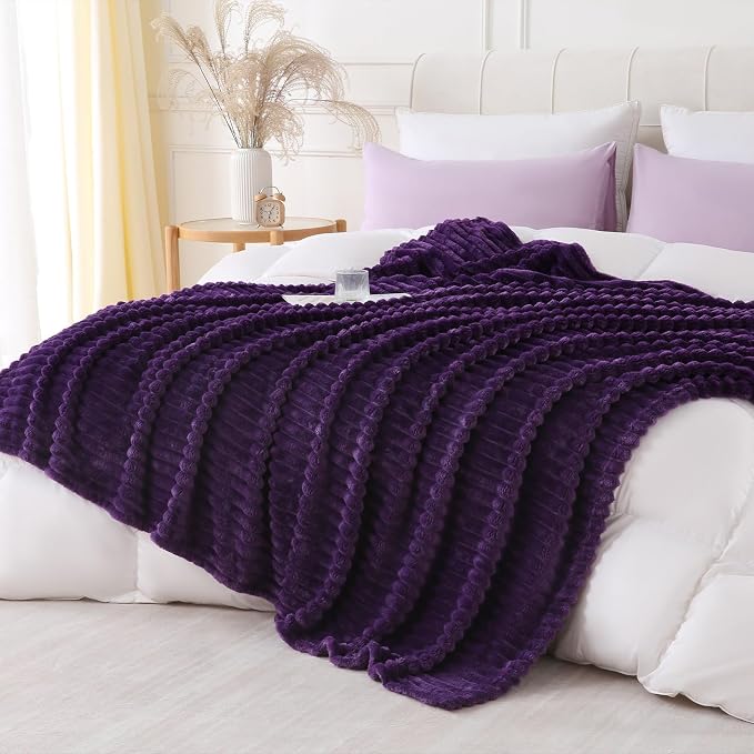 Deep Purple Throw Blanket for Couch Sofa 108"x90" Striped Design | Fleece Blankets Room Home Decor Lightweight Plush Soft Cozy Gifts for Women Mom