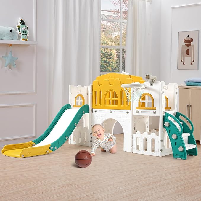 8 in 1 Toddle Slide Playset, Indoor Playground for Kids 1-3， Toddle Outdoor Playset with Slide, Climber, Tunnel, Basketball Hoop, Storage Space and Telescope for for Boys Girls, Orange