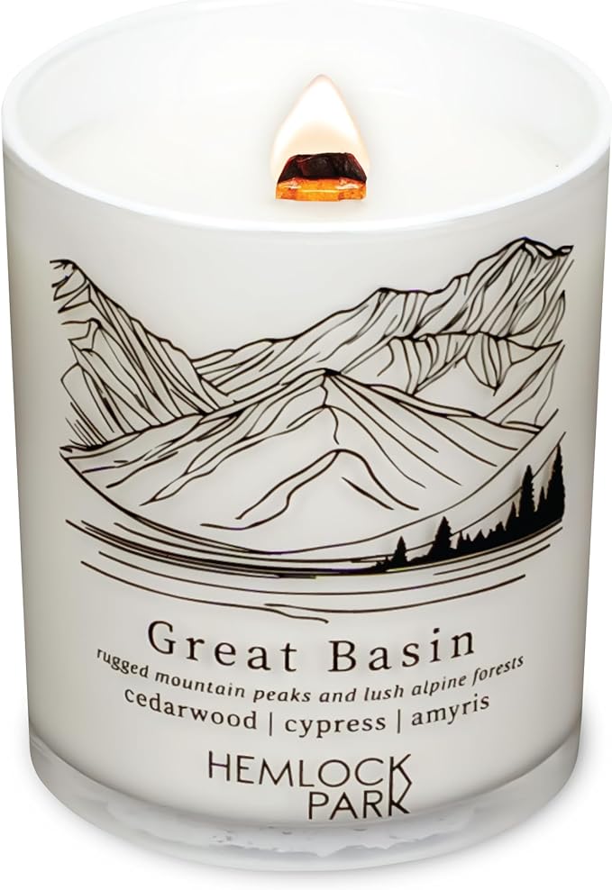 Hemlock Park Great Basin Postcards Scented Candle | Crackling Wood Wick, Botanical Fragrance & Coconut Apricot Wax | Up to 50 Hour Burn Time | 7.2 oz | Made in USA