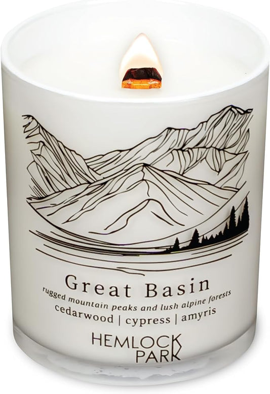Hemlock Park Great Basin Postcards Scented Candle | Crackling Wood Wick, Botanical Fragrance & Coconut Apricot Wax | Up to 50 Hour Burn Time | 7.2 oz | Made in USA
