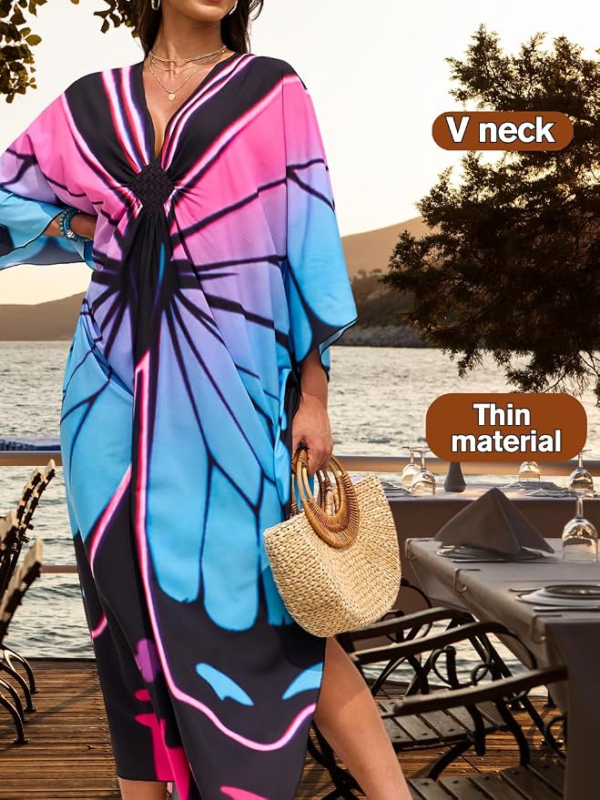ChiaoLezhee Print Moo-Moos for Women, Kaftan Cover-Up Dresses, Sexy V-Neck High-Slit, Beach Pool-Party Coverups Muumuu Plus