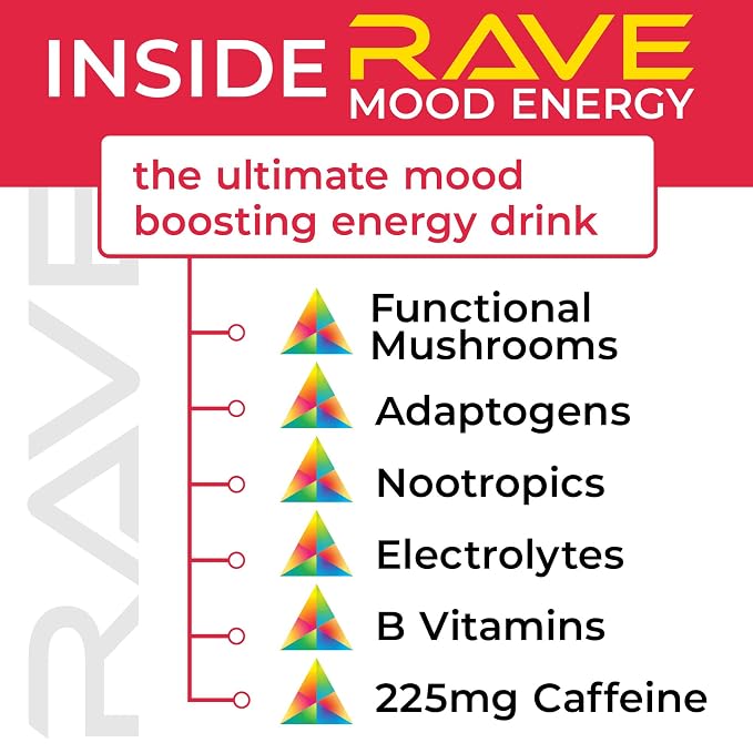 RAVE Mood Energy Drink is Mind Blowingly Different. With Mood-Boosting Functional Mushrooms, Nootropics, Adaptogens & B Vitamins. Experience Mind & Body Rush! 225mg Caffeine - Electrolytes - Zero Calories - 6 Delicious Flavors - 12 fl oz – 12 Pack