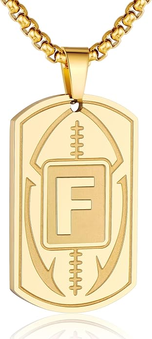 Initial A-Z Dog Tag Necklace for Men - Football Charm Pendant, Stainless Steel Chain 22+2 Inches, Personalized Sports Athletes Jewelry Gift