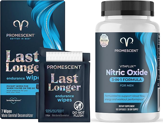 Promescent Delay Wipes Sexual Enhancer for Men to Last Longer in Bed + VitaFLUX Triple Power Nitric Oxide Supplement for Male Performance, Stamina, Energy, Recovery - Increase Duration & Performance