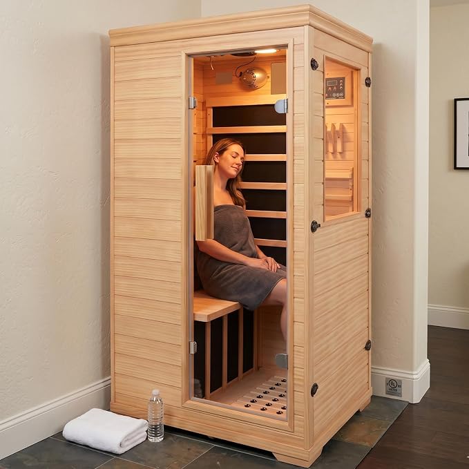 Far Infrared Home Sauna for 1 Person |1050W Low-EMF Sauna Room with Bluetooth Valentine's Day Gift for Her/Him, Wife, Husband, Couples | Canadian Hemlock Wood Indoor Spa for Bedroom, Gym, Basement