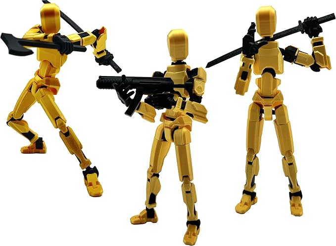 3D Printed Enlarge Body Size 8.1-inch Action Figure Dummy20, Full Body Mechanical Movable Toy, Multiple Accessories, Desk Decoration (Bracket, 3 HandsType, Weapons, Armour) (Brilliant Gold)