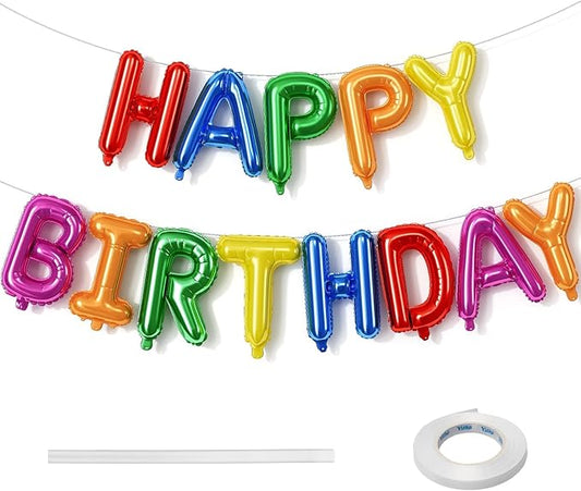 16 Inch Happy Birthday Banner Balloon - Rainbow Letters Foil Balloons, Self Inflating Multicolor Bunting for Kids Girls Boys Colorful Party Decorations