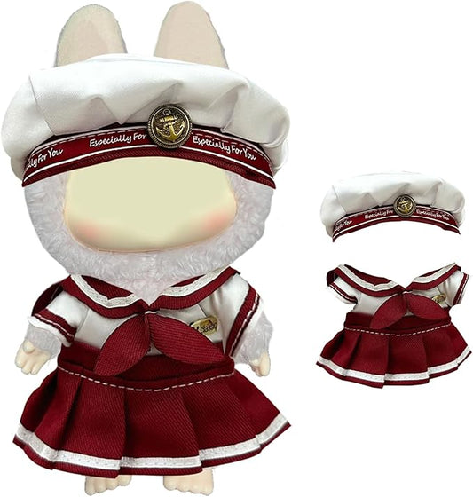 Red Sailor Suit for Labubu Dolls, Navy Dress with Ear-Hole Hat for popmart Blind Box, Cute Japanese Style Outfit for Labubu Clothes Collection