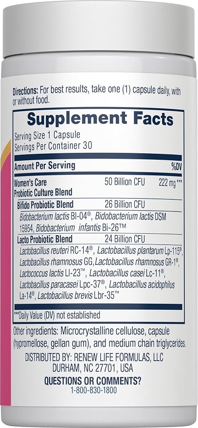 Renew Life Women's Probiotic Capsules, 50 Billion CFU Guaranteed, Supports pH Balance, Vaginal, Urinary, Digestive and Immune Health(2), L. Rhamnosus GG, Dairy, Soy and Gluten-Free, 30 Count