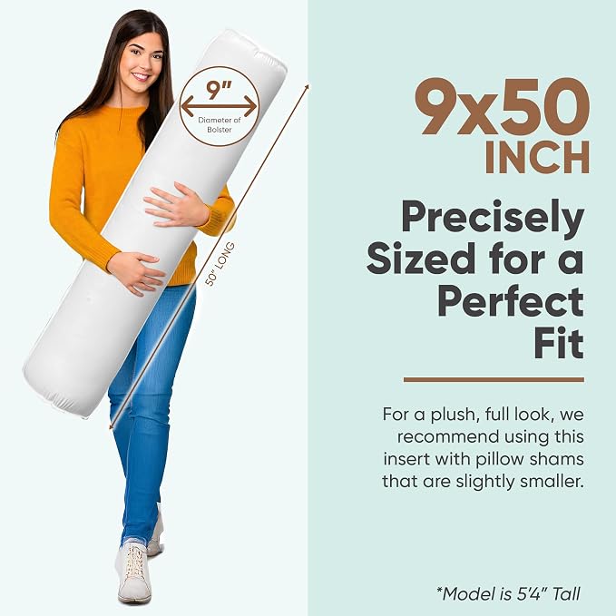 Pillowflex Bolster Pillow (9x50) - Round Roll Pillow Bolster Insert, Plush Polyester-Filled Insert for Decorative Shams, Odorless, Lint and Dust-Free Polyester Filling, No Lumps - (White)