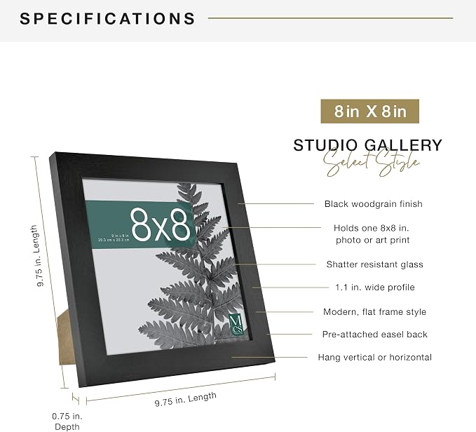MCS Studio Gallery 8x8 Picture Frame Black Woodgrain Engineered Wood, Wall Hanging & Easel for Tapletop Display, Square Photo Frame for Photos, Posters & Art Prints (1-Pack)