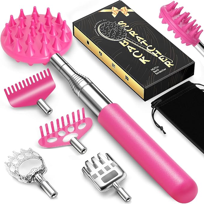 TUKUOS Telescoping Back Scratcher with 4Pcs Detachable Scratching Heads, Back Scratcher for Men/Women,Dual Sides Scratcher/Metal Paw/Rake Scratcher Christmas Gifts Stocking Stuffers for Women Men