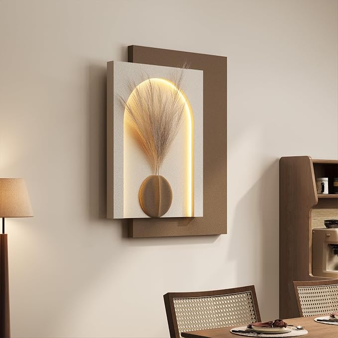 Large 3D LED Wall Art Decor for Living Room, Modern Minimalist Textured Lighted Artwork for Walls, Neutral Beige Brown Paintings Wall Decor for Hallway, Dining Room, Bedroom, Office Aesthetic