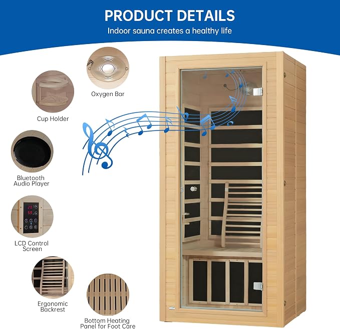 Infrared Sauna Room for Home, Near Zero EMF Wooden 1 Person Indoor Home Sauna with Bluetooth, LCD Control Panel, Chromo Therapy Light