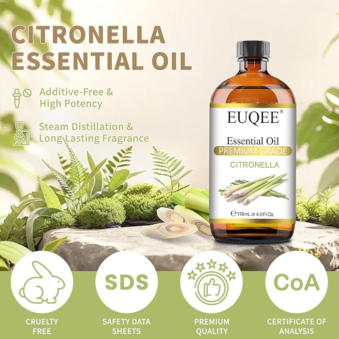 EUQEE Citronella Essential Oil, 118ml Large Gift Box Pure Citronella Oil with Glass Dropper for Candle Making, Diffuser, Humidifier - 4 fl oz.