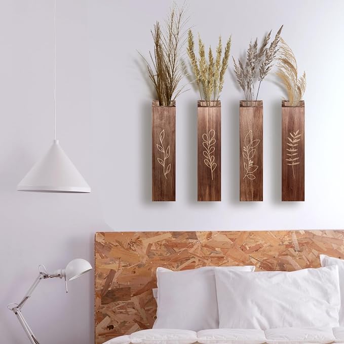 Wooden Wall Vase Planter Set of 4 | Brown Finish Farmhouse & Boho Wall Decor for Entryway, Hallway, Bathroom, Living Room, Dining Room