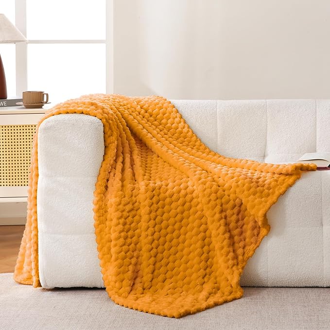 Bnuitland Soft Flannel Throw Blanket(50X70 inches), 3D Jacquard Fluffy Lightweight Fleece Blanket for Couch,Sofa,Bed, 300 GSM Super Cozy Warm for All Season Home Decor,Yellow