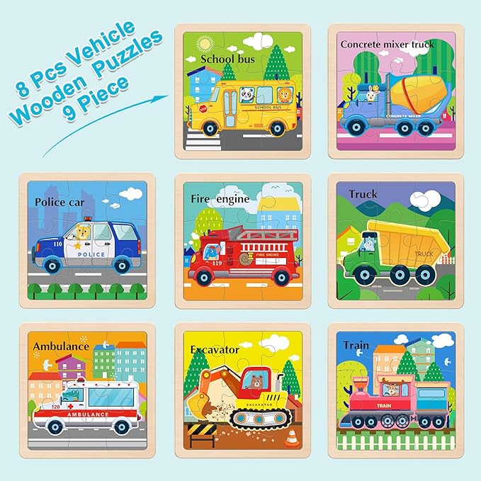 Wooden Puzzles for Toddlers, 9 Pieces Vehicle Jigsaw Puzzles for Kids Ages 3-5 4-6, Preschool Learning Activities, Learning & Educational Toys, Gifts for Boys, Girls (8 Pack)