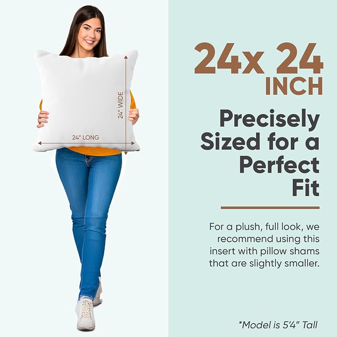 Pillowflex Synthetic Down Pillow Insert 24x24 in - Karate Chop Pillow | Large Square Euro Sham Form, Plush Polyester Cotton Blend, Cloud-Like Comfort, Clump-Resistant Fill, Smooth Elegant Finish