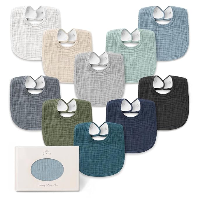 Konssy 10-Pack Muslin Baby Bibs, Soft Cotton Bandana Bibs for Drooling & Teething, Unisex Solid Colors for Boys & Girls, Newborn & Infant